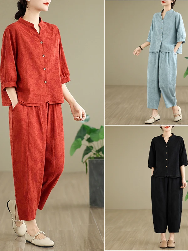 

Повседневный комплект из двух предметов из хлопка и льна с вышивкой для женщин среднего возраста и ли, осенний новый свободный крой, модный