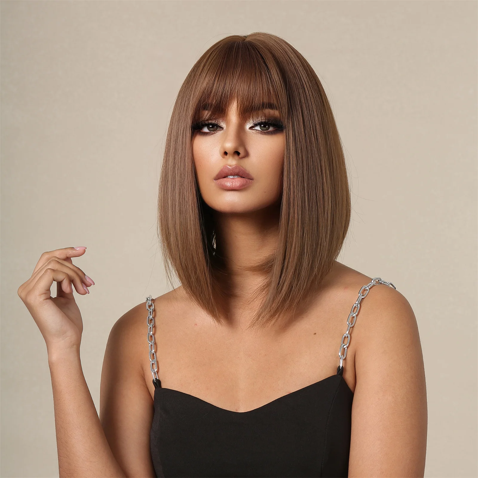 HENRY MARGU Short Straight Bob Synthetic Wigs Brown with Bangs for Women Daily Lolita Natural Wigs Heat Resistant Fiber