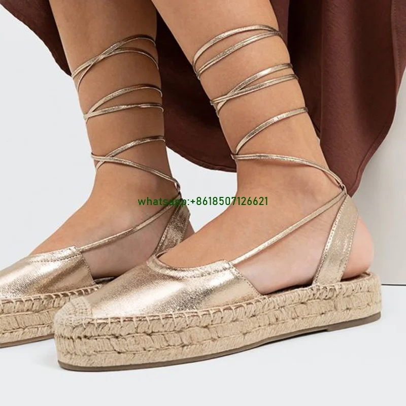 Round Toe Stitching Espadrille Ankle Strap Sandals Flat Cross Strap Women's Shoes