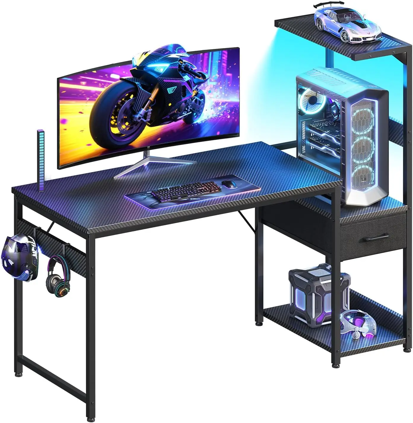 48 Zoll Gaming-Schreibtisch mit Stauraum & LED-Beleuchtung, Umkehrbarer Computertisch mit Display-Regalen & Stoffschublade, Moderner Gamer-Schreibtisch