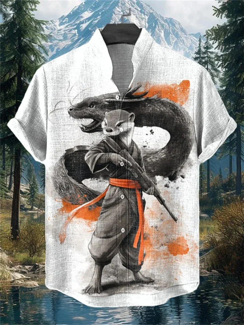 

Men's Abstract Printed Short Sleeve Linen Shirt Stand up Collar Casual Breathable Top Fashionable Summer Cardigan