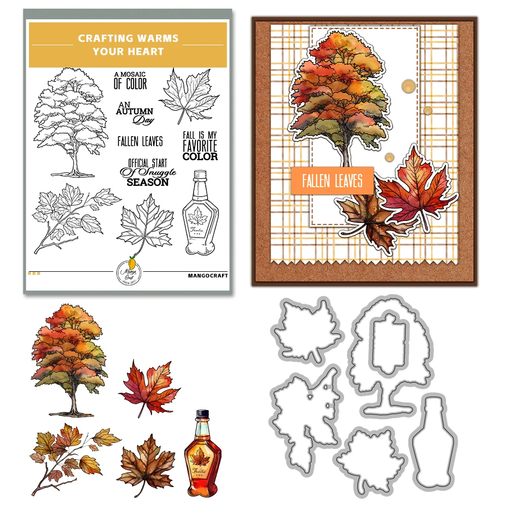 Mangocraft Autumn Days Maple Leaves Cutting Dies Clear Stamp DIY Scrapbooking Metal Dies Silicone Stamp for Cards Album Decor