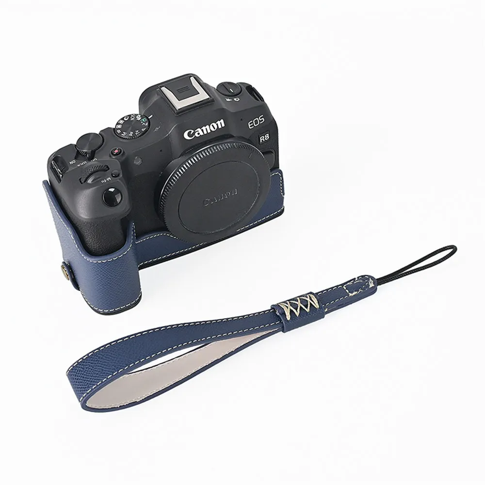 Palm Print PU Leather Camera Half Body Case For Canon EOS R8 Battery Opening Bottom Cover With Hand Strap