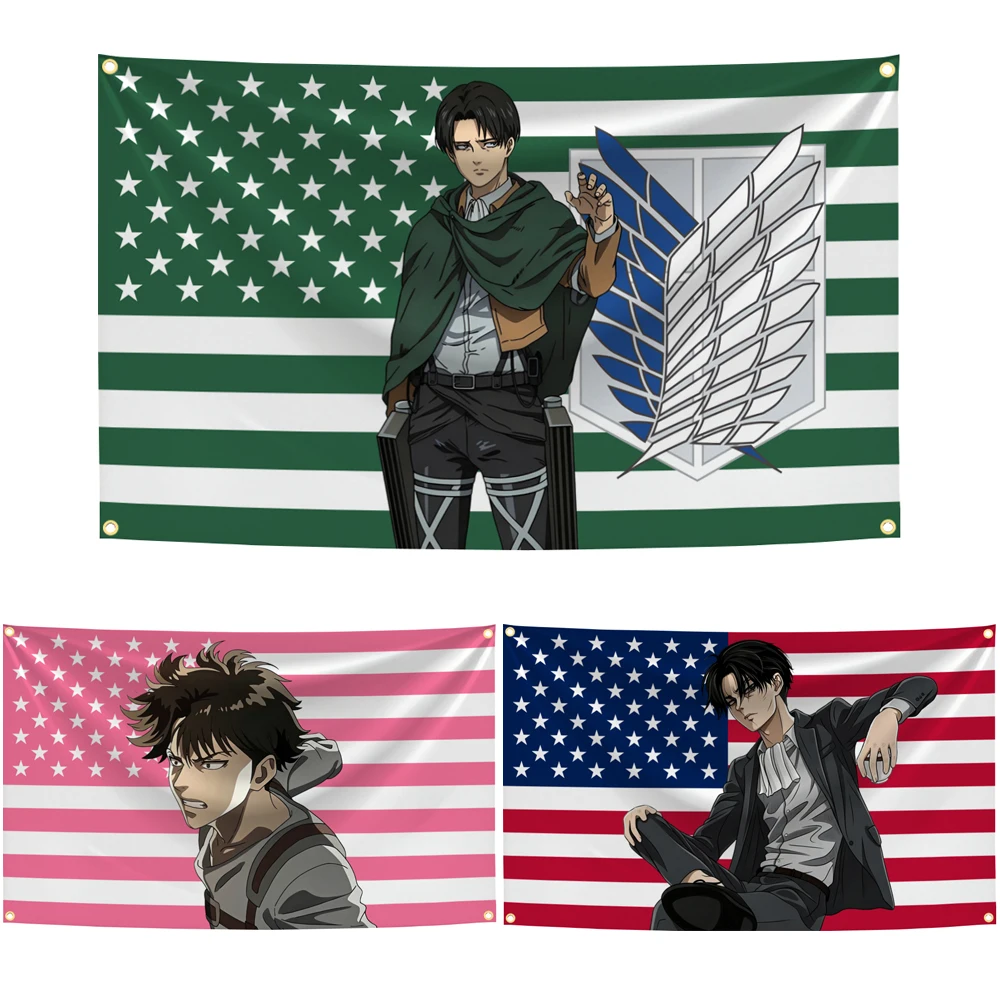 Levi Ackerman Pink American Flag Tapestry Outdoor Decor Anime Attack on Titan Wings of Freedom Flags Objects Garage Hanging