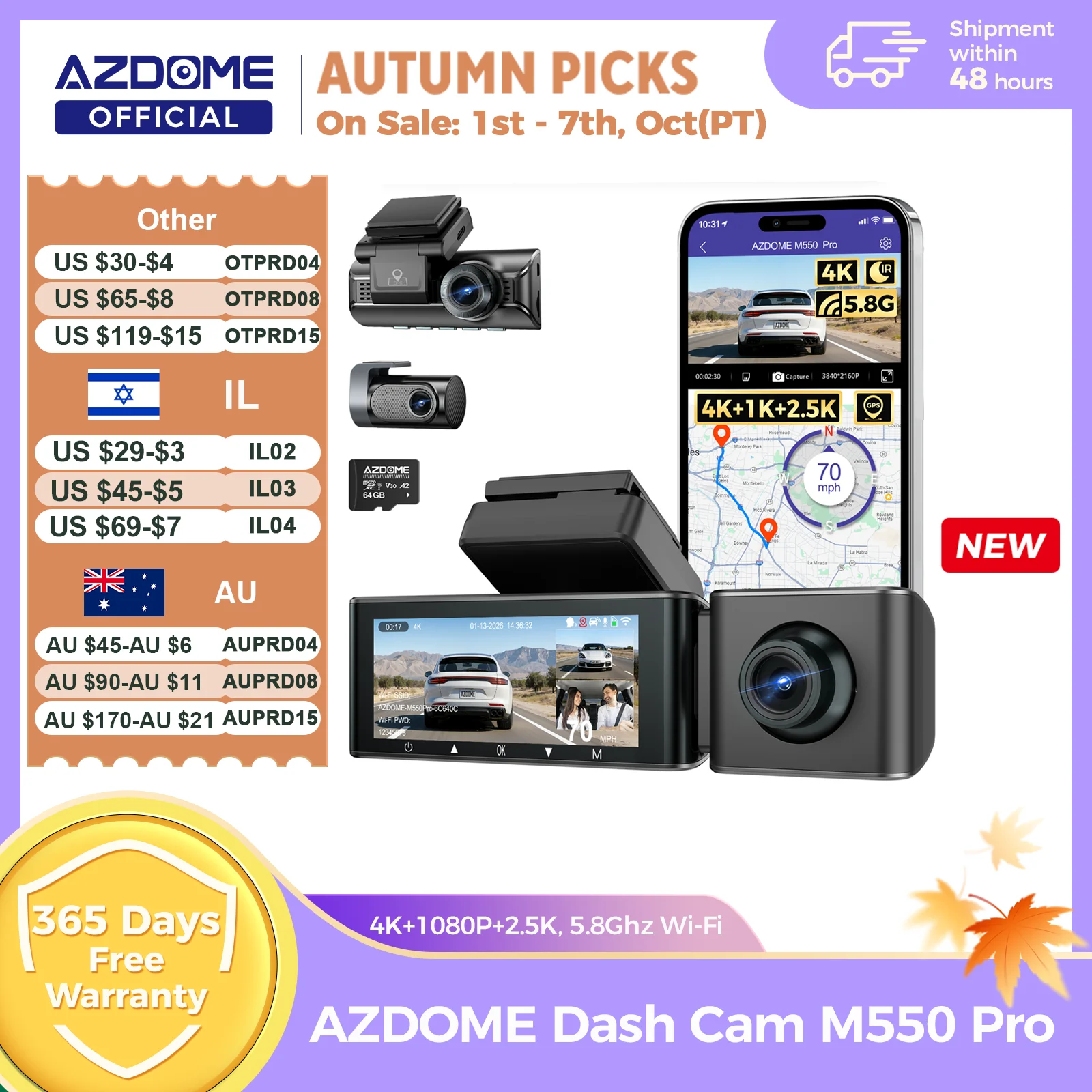 AZDOME M550 Pro Dash Cam Car DVR 5.8Ghz WiFi 3.19