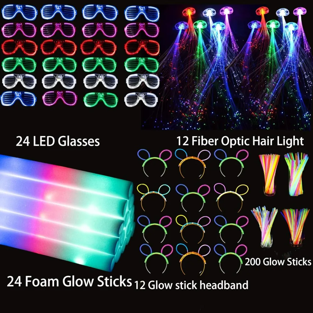 24 Foam Glow Sticks, 24 LED Glasses and 200 Glow Sticks ＆ Bracelets, 12 Glow Sticks Headband 12 Fiber Optic Hair Light