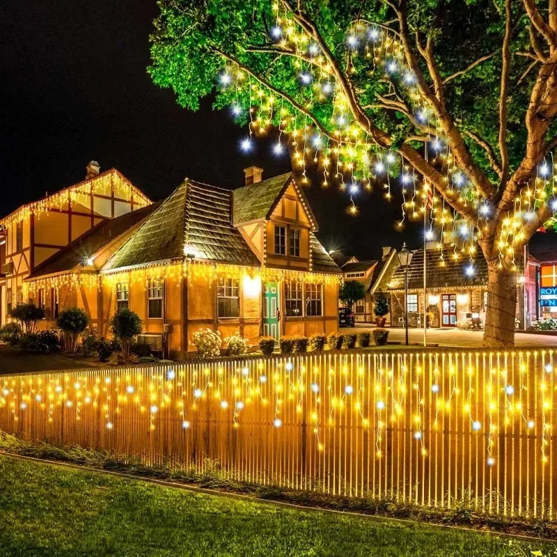 Luces de carámbano navideñas para exteriores, guirnalda de calle en la casa, cortina de carámbano Led, 32 m, color cálido mezclado con blanco