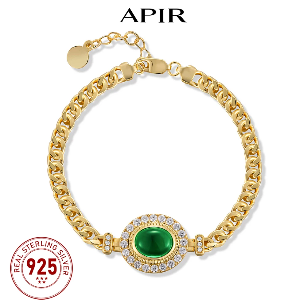 

APIR Oval Green Chalcedony Bracelet for Women Man 925 Sterling Silver D color Luxurious Moissanite Diamond Cuban Chain Bracelets