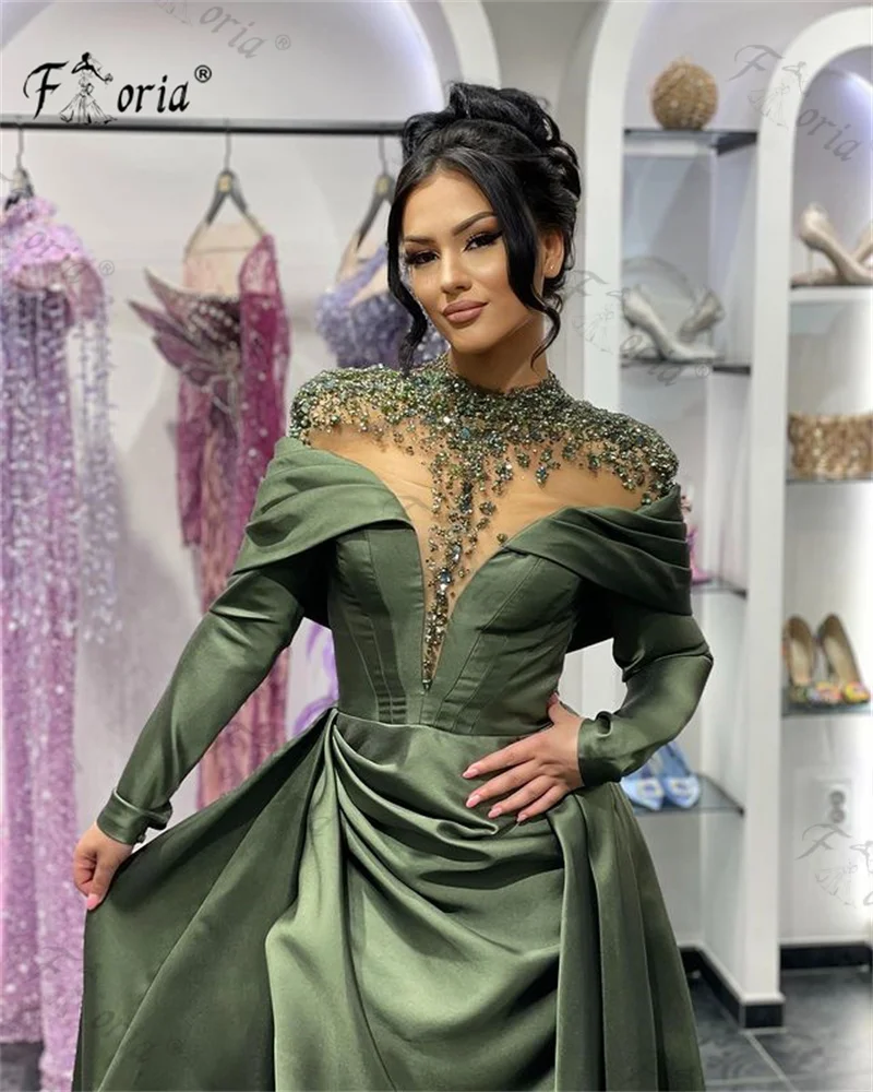 Elegant Green Crystal Satin Evening Dresses with Overskirt Dubai Long Sleeve Slit Beaded Wedding Party Gown Vestidos de noche