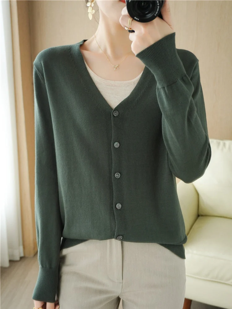 100% Cotton Line Long Sleeve V-Neck Knitted Cardigan Women Loose Short Solid Color Simple Sun Protection SMY K61