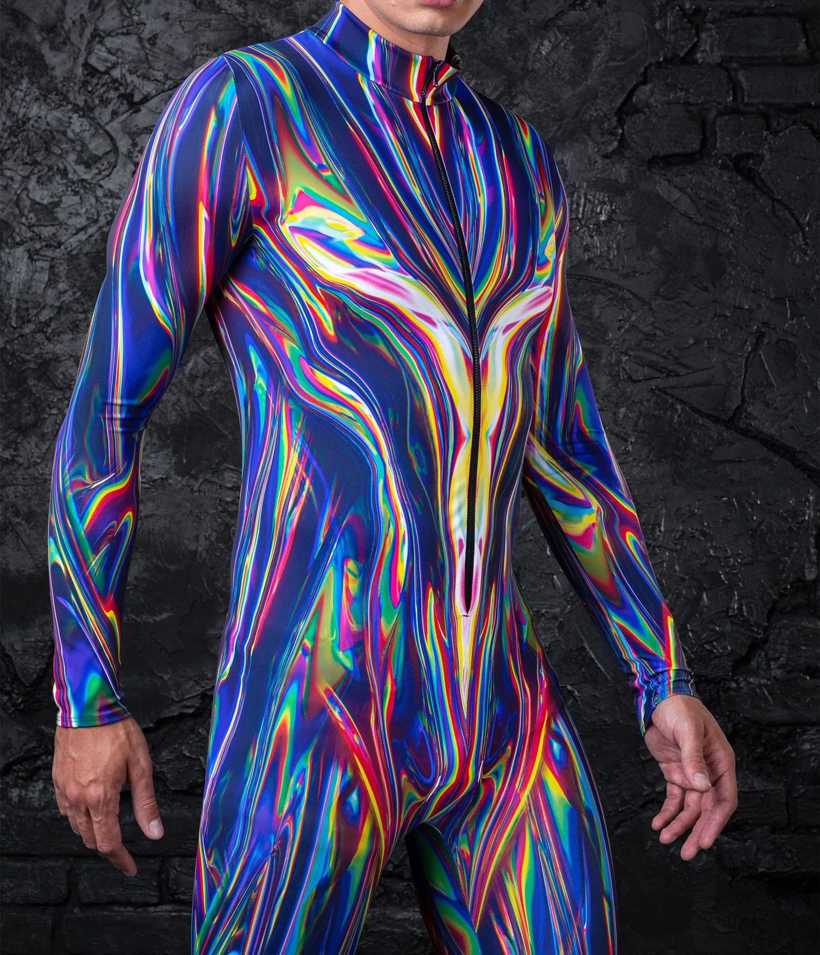 

Cyber 3D Printing Holiday Party Men Punk Rainbow Jumpsuit Onesie Halloween Carnival Cosplay Costume Elastic Bodysuits Rompers
