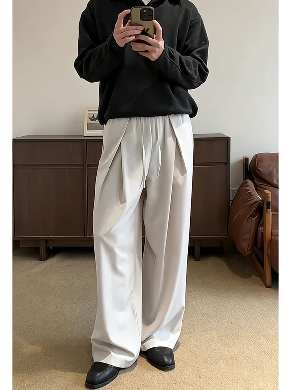 

Cleanfit Men's Wide Leg Casual Pants Spring Loose Ice Silk Trousers High Waist Straight Cut Leisure Long Trousers Folded Design