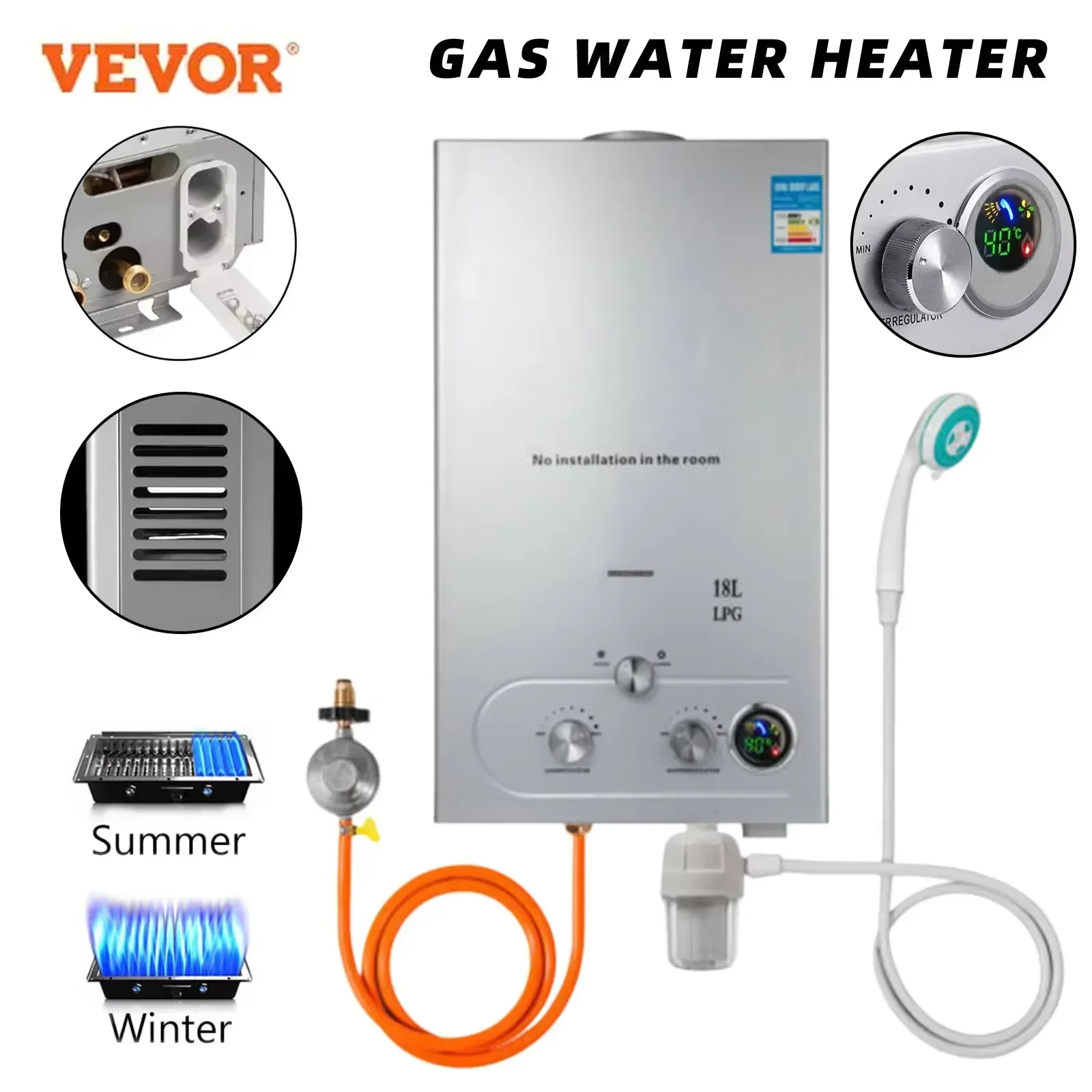 

VEVOR 6L 8L 10L 12L 16L 18L LPG Portable Instand Water Heater Propane Gas LPG Wall-Mounted Tankless Water Heater Digital Display