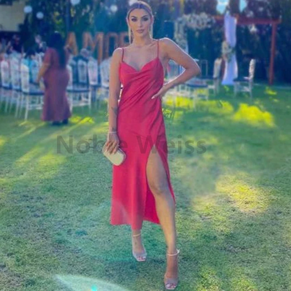 V-Neck Satin Tea-Length Prom Dress Elegant Mermaid Evening Gown Customize