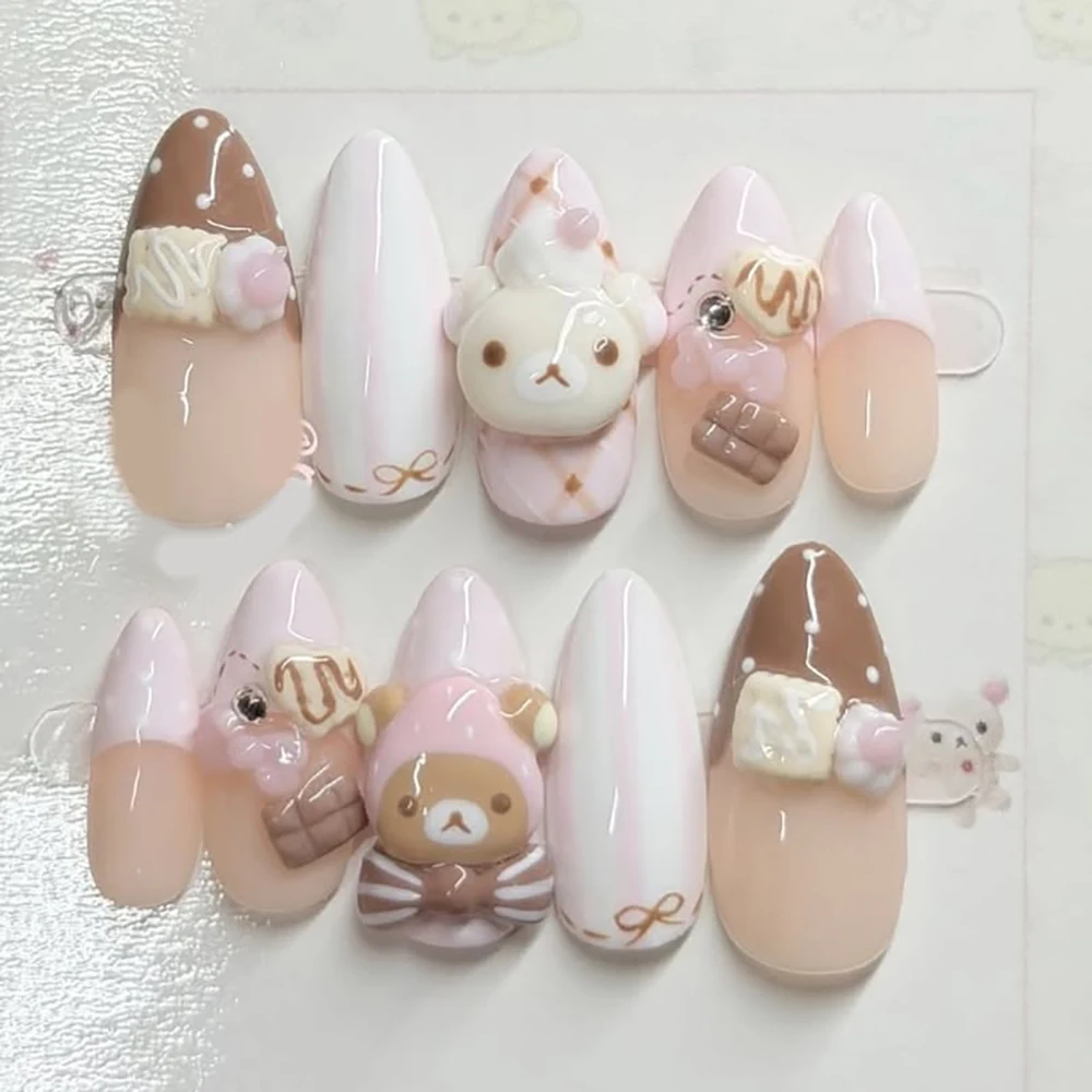 10Pcs Handmade Cartoon Pink Sweet Polka-Dot Bowtie Press On Nail Art Stickers Princess Lolita Style 3D Cute Doll Rilakkuma Nails