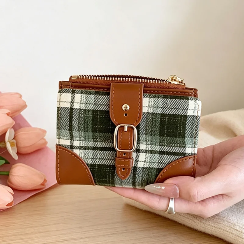 Sweet Vintage Plaid Wallet Clasp Accented Zipper Wallet Multi-compartment Zipper Coin & Card Purse Fashion Women's Clutch