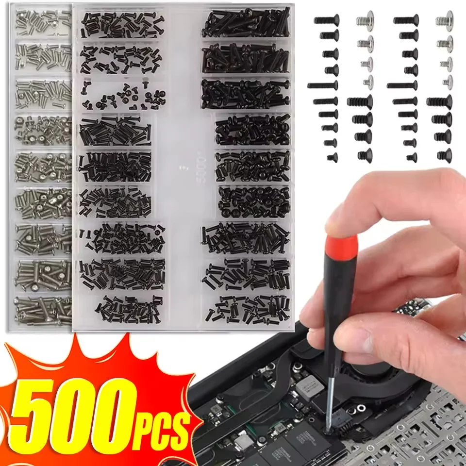 Kit de Reparo com 500 Peças de Parafusos Eletrônicos de Substituição para Laptop e Notebook, 18 Tamanhos, Conjunto de Parafusos Mini de Cabeça Plana