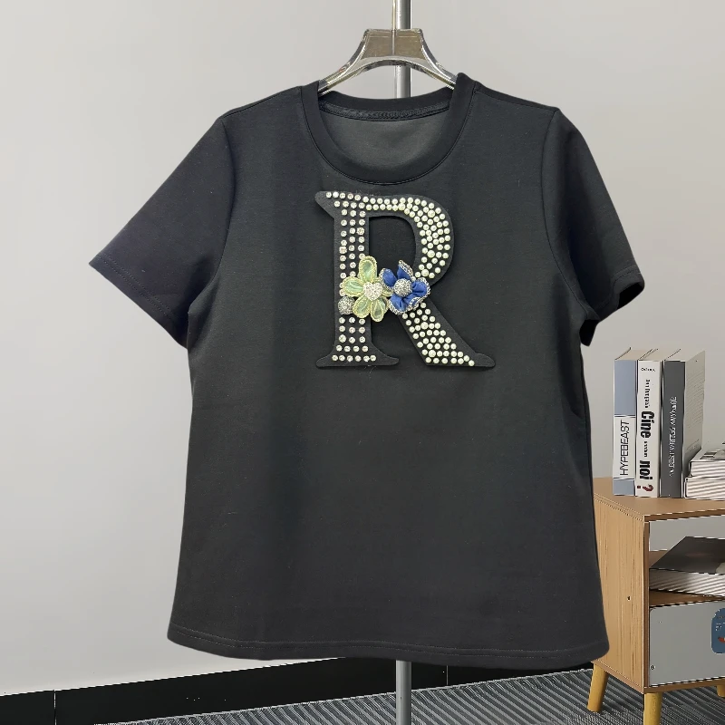 

Black,Summer,Korean,Style,Loose,T-Shirt,Fashion,Sexy,O-Neck,Letter,Shiny,Diamonds,Flower,Women,Tops,Short Sleeve,Tees,New,55809