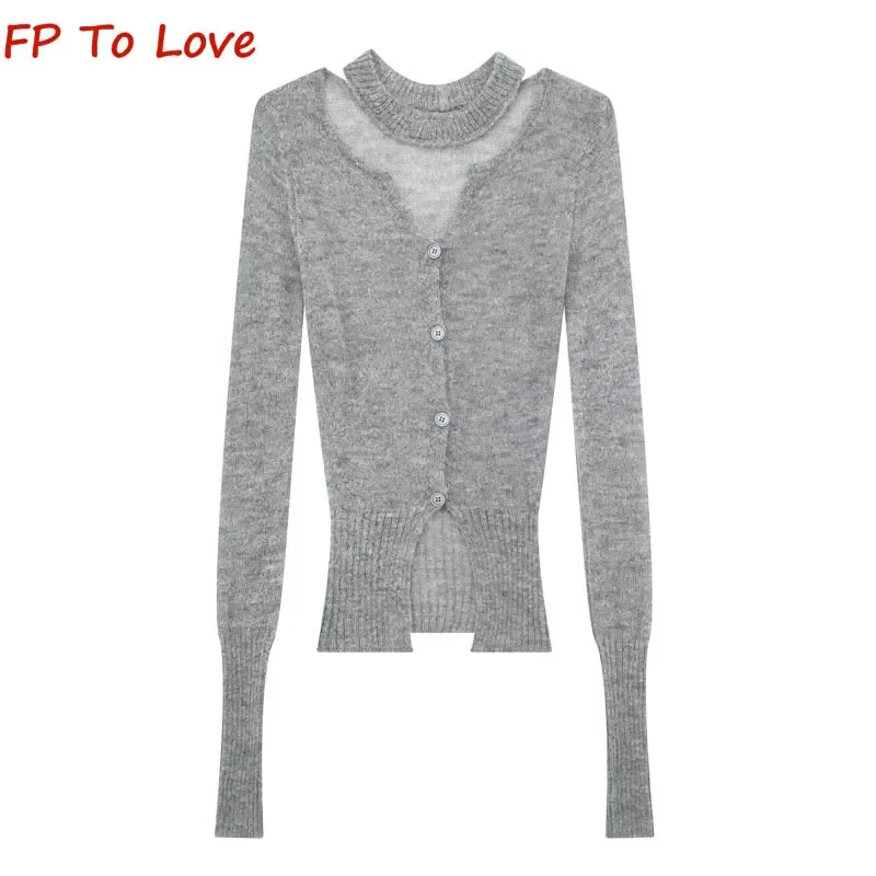 Black V-neck Grey Knitted Hanging Neck Sweater Single Breasted Cardigan Women Slim Army Green Bottom Shirt Inner Tops