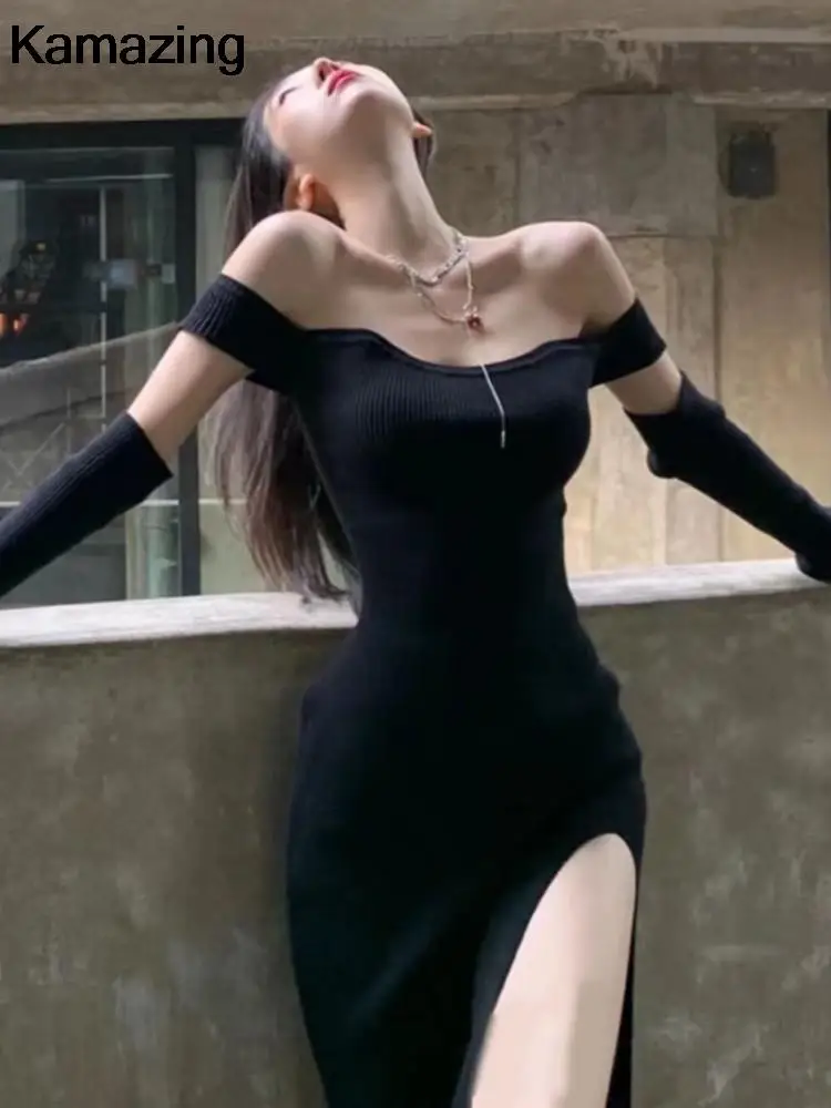 Women\'s Autumn Elegant Sexy Bodycon Midi Black Knitted Dress Slim Casual Party Evening Sweater Vestidos Fashion Female Clothes