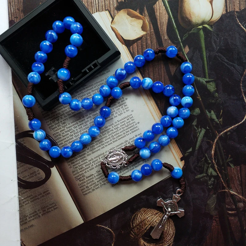 Cottvott-collar de cuentas de Rosario con cadena de cuerda trenzada a mano católica, colgante de Cruz de la Virgen María, Cristo y Jesús, regalo de joyería