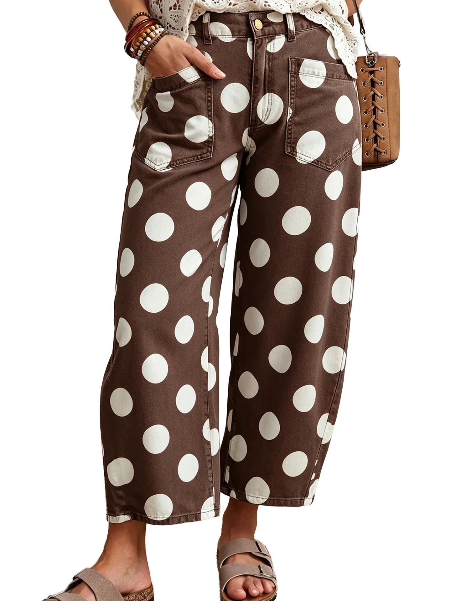 DearLover Polka Dot Print High Waist Loose Women's Jeans Casual Cotton Straight Leg Trousers with Big Pockets for Spring Autumn