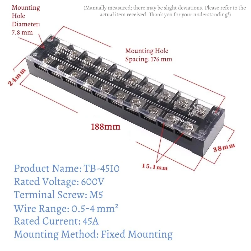 5PCS TB1512/2503/4504 Terminal Block Terminal Column 15/25/45A Wire Connector Fixed Terminal Strip Distribution Box TB-2506/8