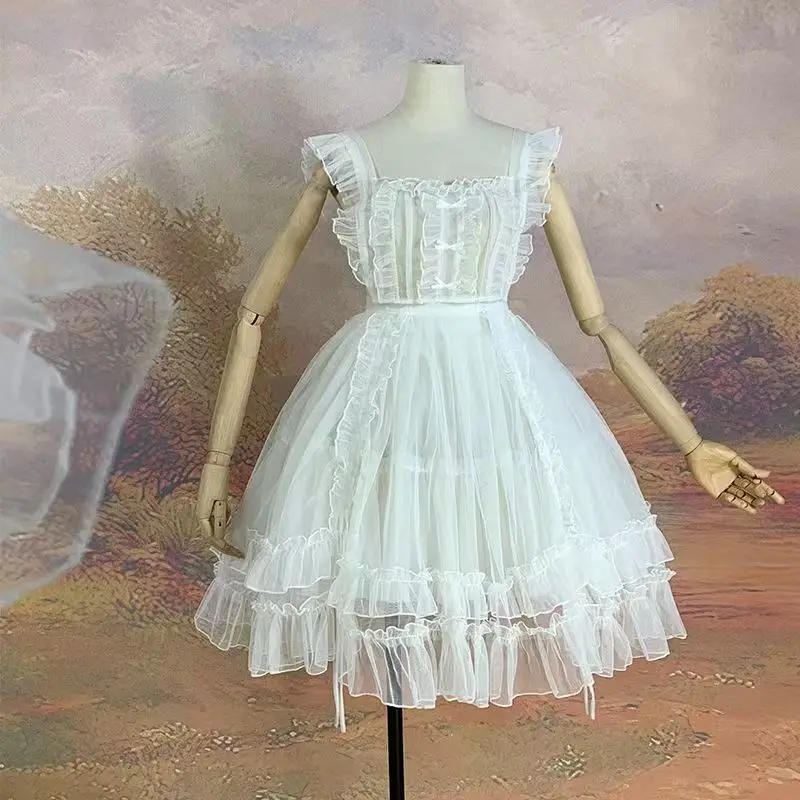 Elegantes Lolita-Mesh-Minikleid im japanischen Stil, ärmelloses Spitzenkleid, Basic Two Way Cover Up-Kleid, Kordelzug, schick