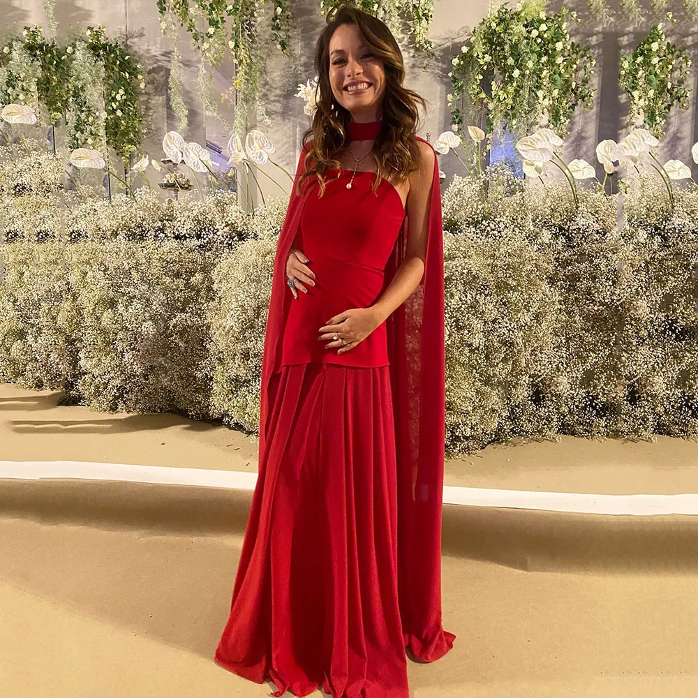 

Msikoods Red Evening Dresses For Pregnant Women 2025 Split Prom Dress Cape Chiffon Elegant Guest Wedding Party Gown Customized