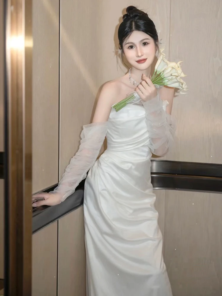 

Свадебное платье Ele Satin Fi Tail с вырезом на спине и шлейфом для молодых невест, простое элегантное свадебное платье на молнии