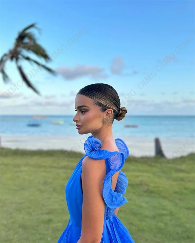 OIMG-Vestidos de Noche de gasa de playa azul para mujer, vestido de graduación saudita, vestidos de fiesta de boda de lujo, personalizado para