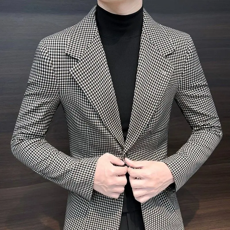 Coats Plaid Dress Jacket for Men Single Breasted Clothing Spring Clothes Models Korean Style New Man Business Suits and Blazers