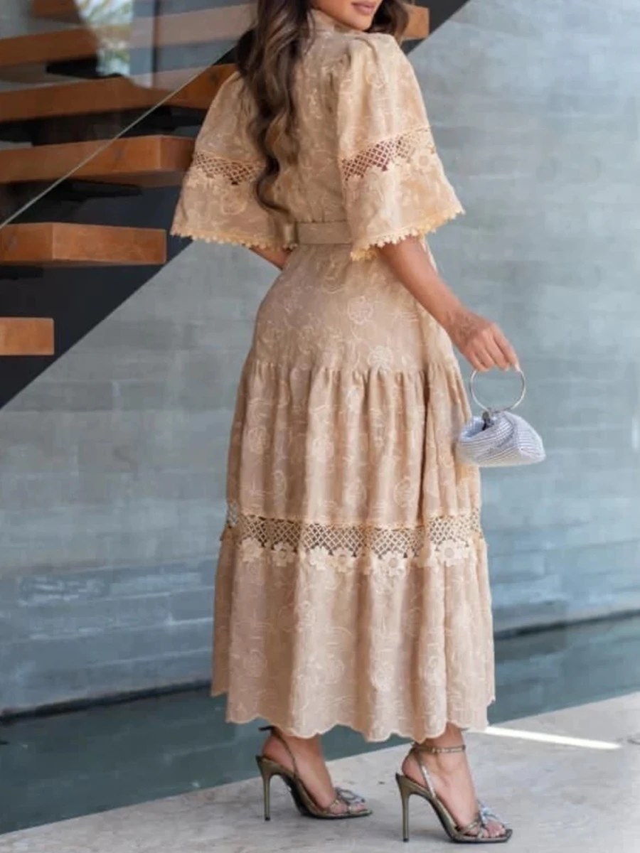 VGH Plus Size Solid Dresses for Women Lapel Half Sleeve High Waist Hollow Out Embroidery Dress Female Holiday Style Clothes New