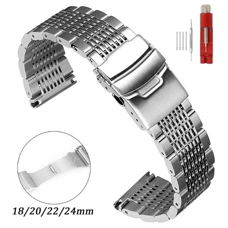 Solid Stainless Steel Strap 18mm 20mm 22mm 24mm Metal Band for Seiko Diving Mesh Bracelet Folding Buckle Universal Wristband