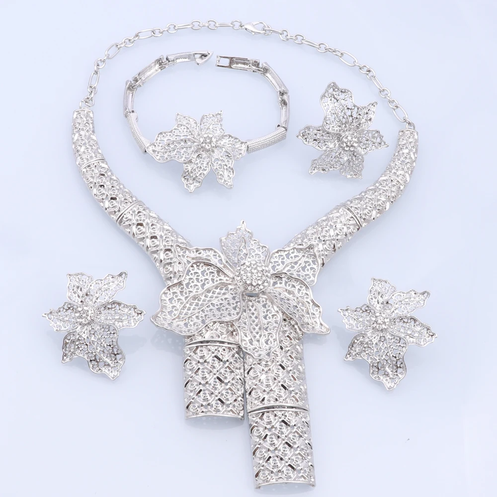CYNTHIA Dubai Jewelry Gift Elegant Women Flower Shape Necklace African Bridal Wedding Bracelet Earrings Ring Jewelry Set