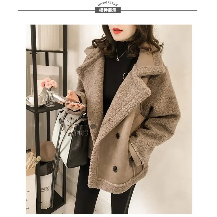 Lamb-wool Spliced Single-breasted Lapel Jacket, Autumn and Winter New Korean Version of Loose Long-sleeved Jacket Tide Women