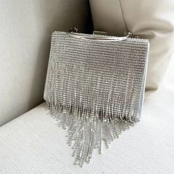 Women Rhinestone Tassel Evening Handbag Luxury Diamond Box Lady Elegant Party Prom Wedding Clutch Purse Chain Strap Shoulder Bag