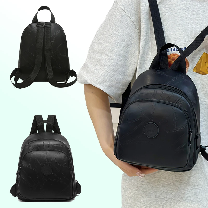 

Neutral style backpack for men and women, suitable for travel and school use. PU material, pure black small bag.