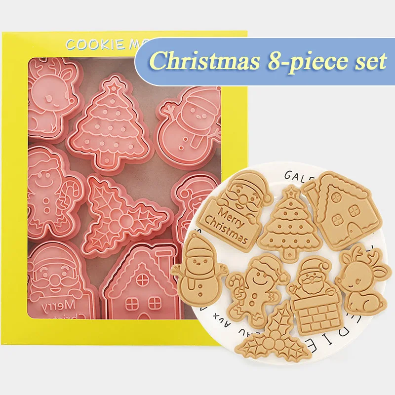 8Pcs 3D Christmas Cookie Cutters Biscuit Mold Santa Snowman Tree Elk Cookie Mould Stamp Xmas New Year Party Decor Baking Tools