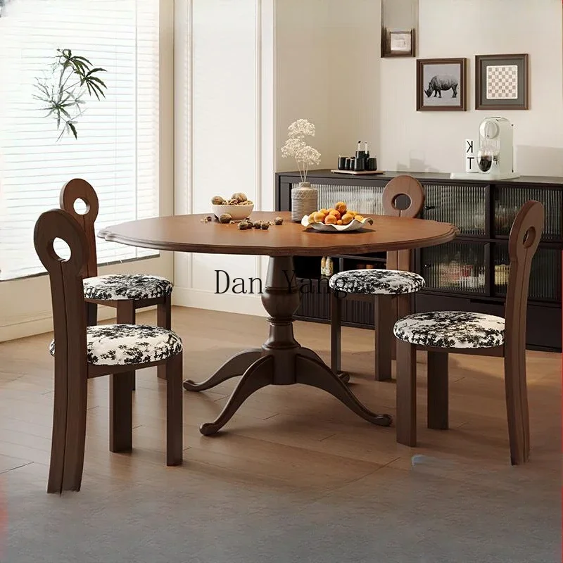 

YJ round solid wood dining table and chairs black walnut medium retro style dining table round table small apartment household