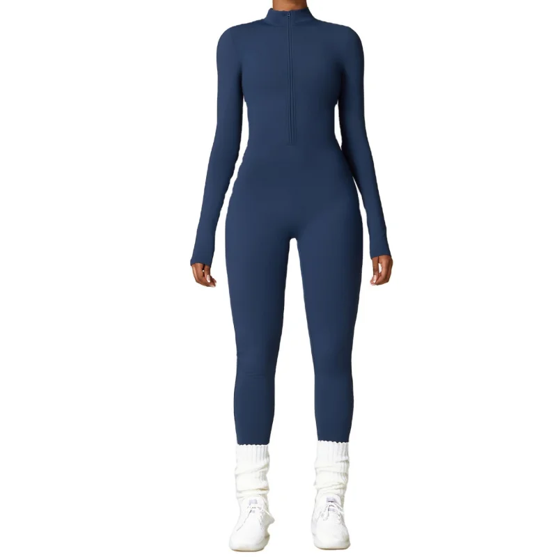 

Winter Warm Seamless Nude Zipper Long-Sleeved Yoga Jumpsuit High-Intensity Fitness Exercise One-Piece Tight Sports Bodysuit