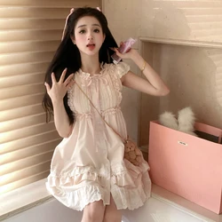 Summer Lace-ups Bow Korea Kawaii Fairy Dress Women France Elegant Party Mini Dresses Chic Flying Sleeve Sweet Cute Ruffles Dress