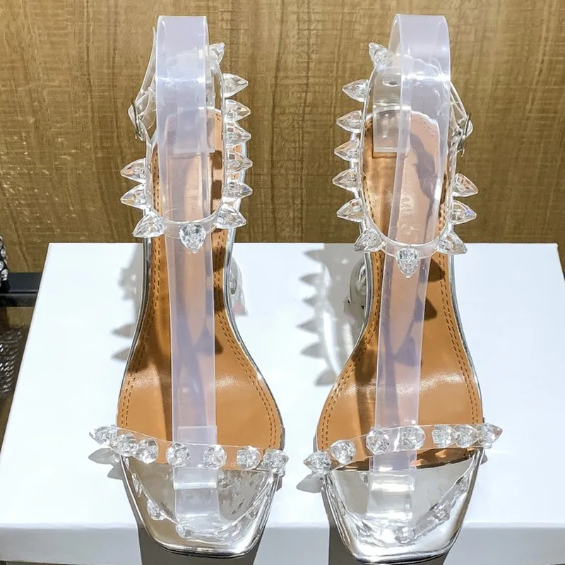 2023 Summer New Style One Strap Transparent Rivet Fashion High Heels Sandals for Women