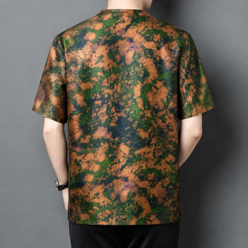 Chinese Style Loose Fit T Shirt For Men Short Sleeve Silk 100% Summer Top Quality Satin Smooth Skin-Friendly Camisetas De Hombre