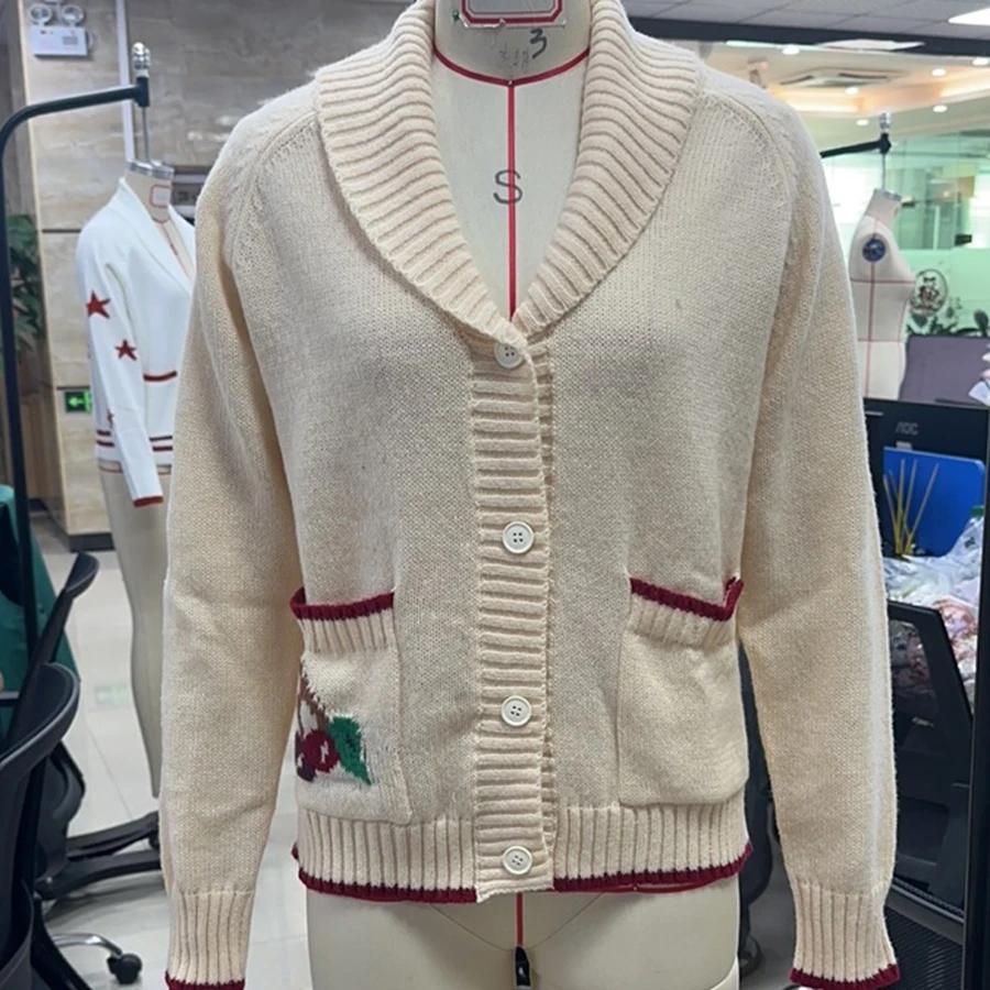 Maglioni da donna con scollo a V profondo e bottoni, cardigan in maglia a maniche lunghe con motivo ciliegia casual, maglieria autunnale calda per streetwear