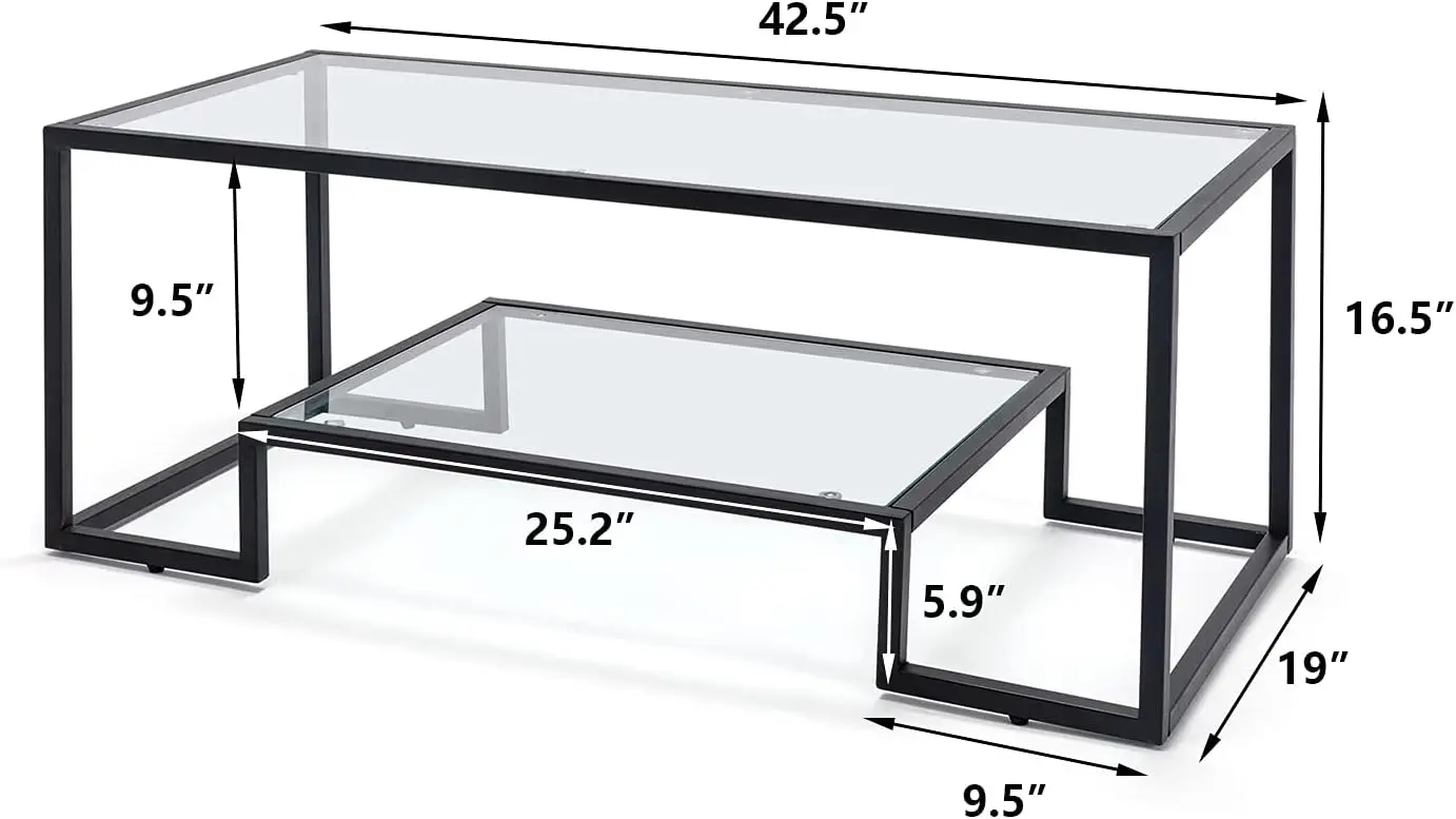 Metal Glass Coffee Table, Black Accent Modern Tempered Glass Side Table, Additional Storage Shelf, for Living Room Home Classy F
