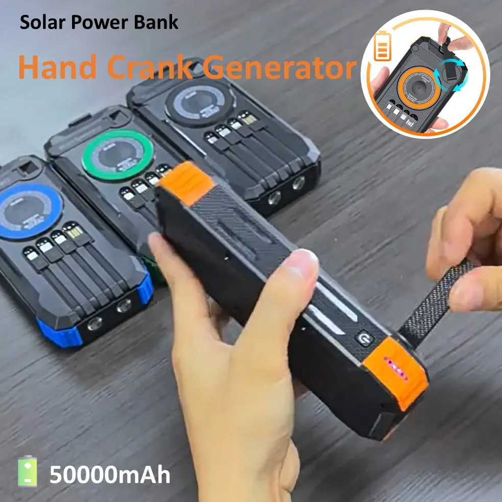 Hand Crank Solar Power Bank 50000mAh, Emergency Portable External Battery, 4 Cables, Compass & SOS Radio Light, Best for Campion