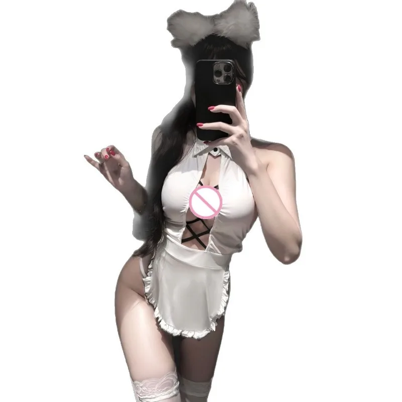 

Pure White Maid Cat Girl Cosplay Costume Halter Neck Criss Cross Mini Dress with Cat Ears for Role Play Lingerie Nightwear
