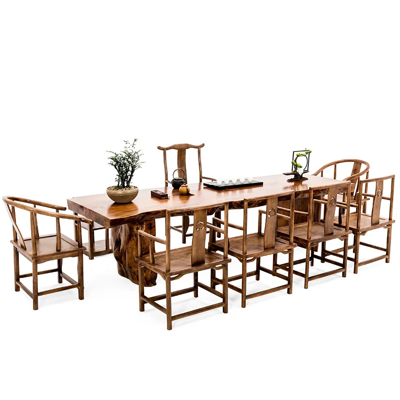 Whole board solid wood tea table Tea table A complete set of new Chinese logs One table Five chairs Large board