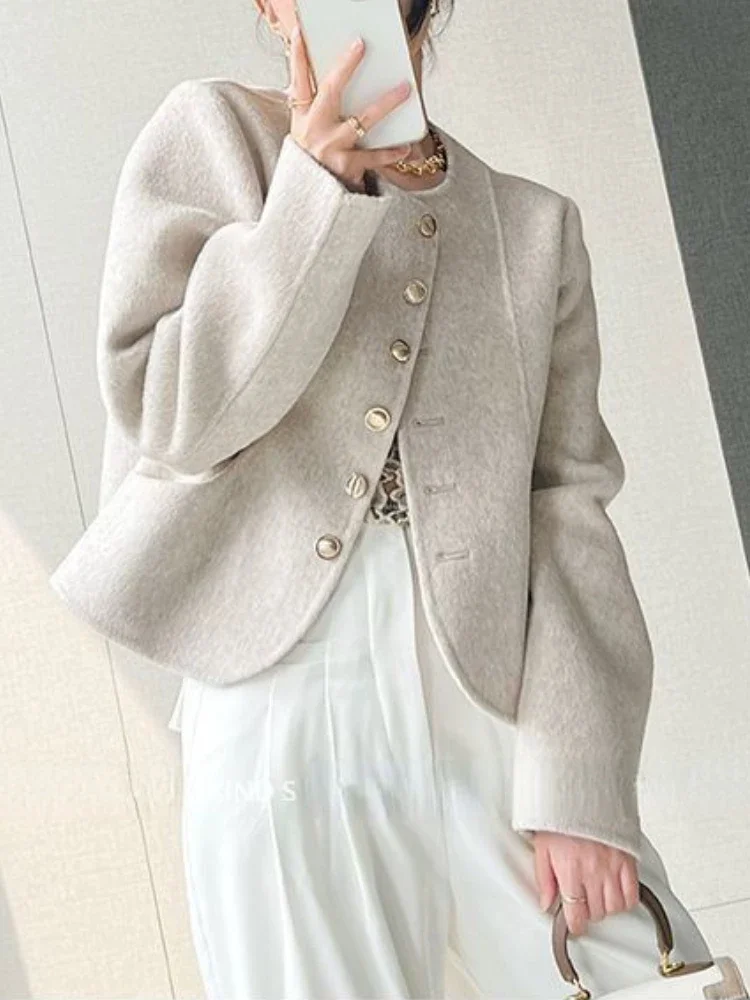 

Pink Jackets for Women Loose Round Neck 2024 Autumn New Women's Coats Single Breasted Fashion Temperament Elegant Wool Coat